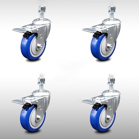Service Caster 4 Inch SS Blue Polyurethane 1/2 Inch Threaded Stem Caster Set Total Lock Brake SCC-SSTSTTL20S414-PPUB-BLUE-121315-4